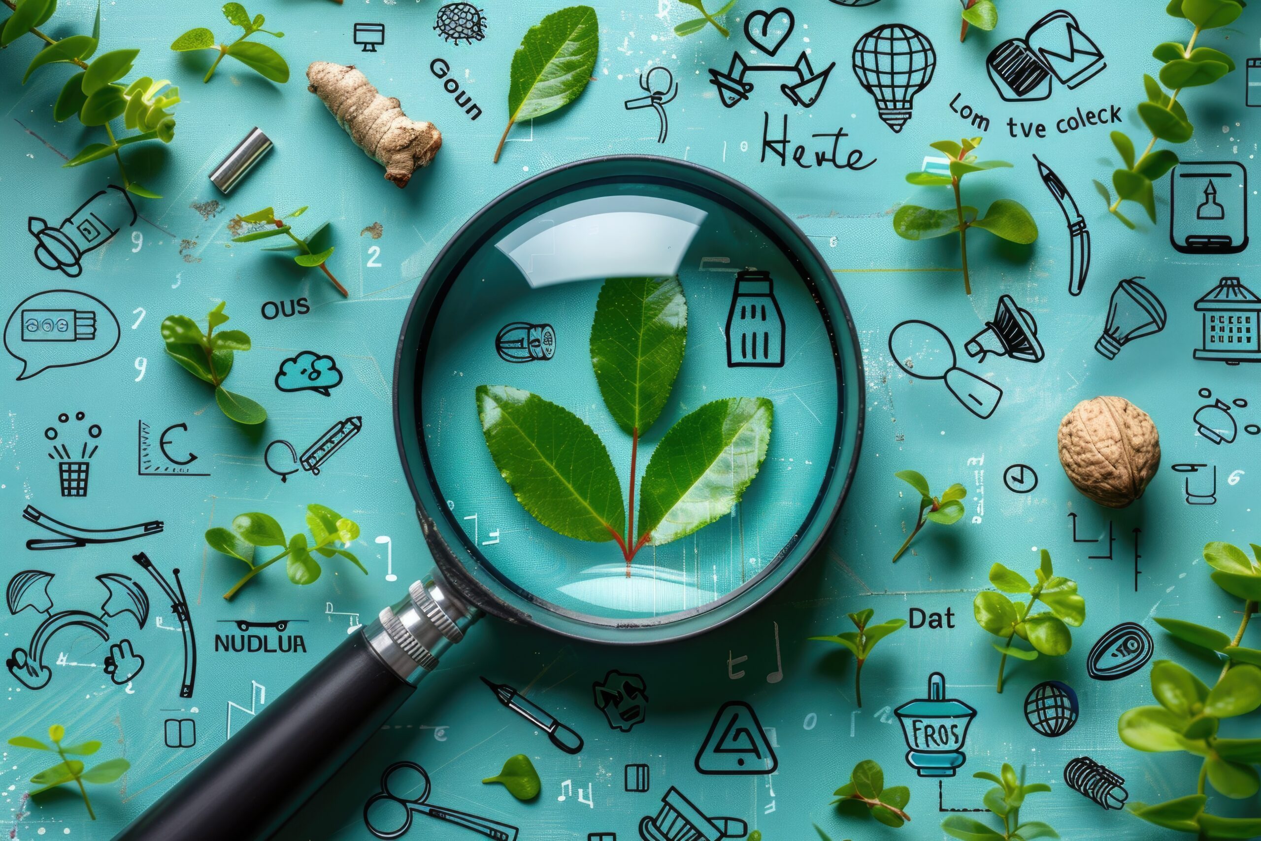 The magnifying glass and green leaves on the desktop